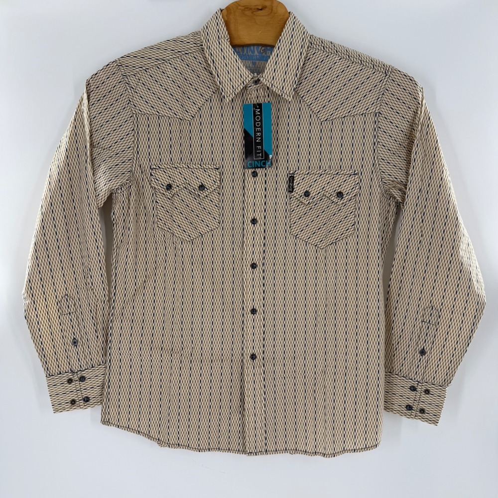 Cinch Modern Fit Mens Western Shirt Tan Navy Diamond Print Long Sleeve M NEW